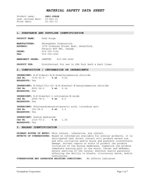 MATERIAL SAFETY DATA SHEET PAGE 1 OF X - Germiphene