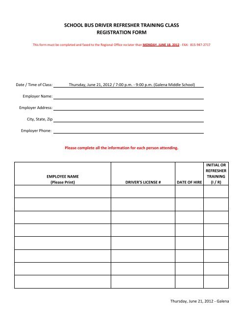 school bus driver refresher training class registration form