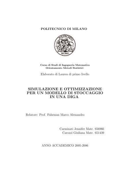 simulazione e ottimizzazione per un modello di stoccaggio in una diga