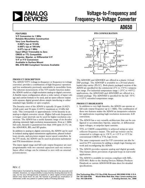 Voltage To Frequency And Frequency To Voltage Converter Ad650