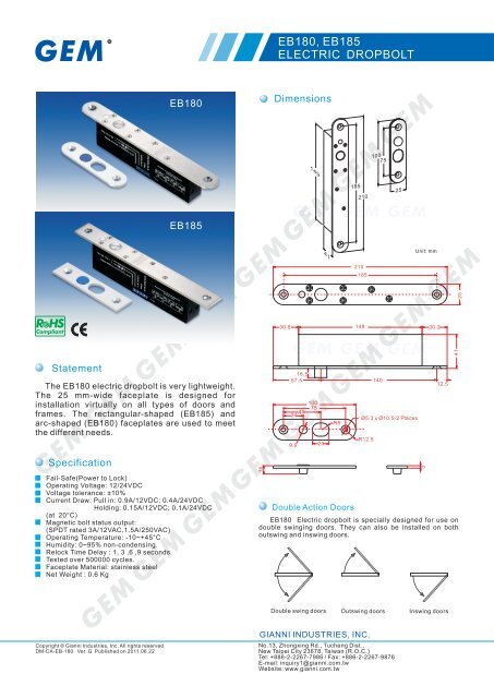 EB180, EB185 ELECTRIC DROPBOLT - GEM,Gianni Industries, Inc.