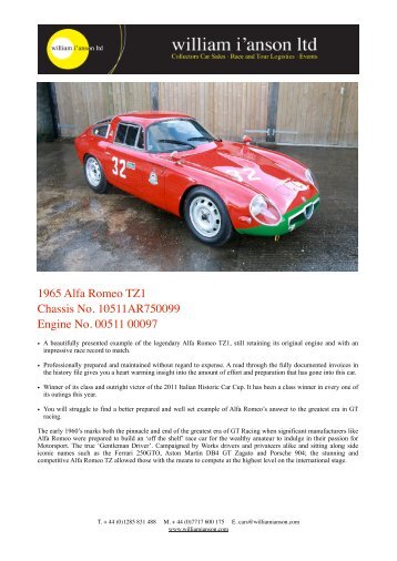 1965 Alfa Romeo TZ1 Chassis No. 10511AR750099 Engine No ...