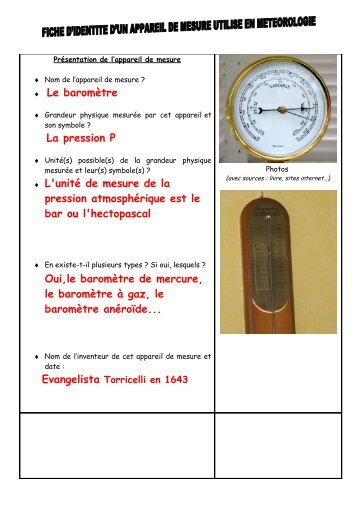 Le baromÃ¨tre La pression P L'unitÃ© de mesure de la pression ...