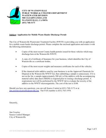 Mobile Waste Hauler Discharge Permit - City of Watsonville
