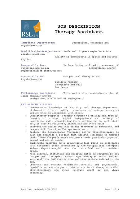 JOB DESCRIPTION Therapy Assistant - RSL Care WA