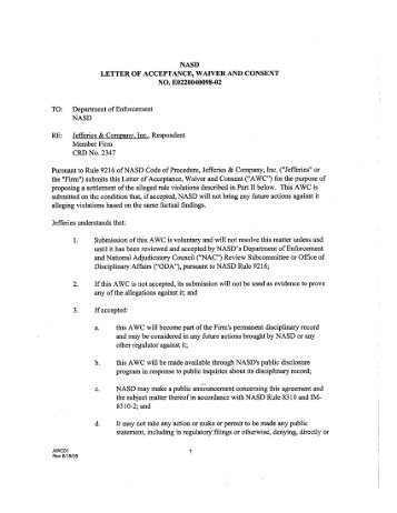 NASD LETTER OF ACCEPTANCE, WAIVER AND CONSENT NO ...