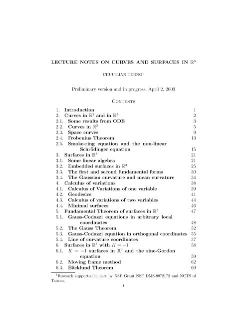 LECTURE NOTES ON CURVES AND SURFACES IN R3 ...