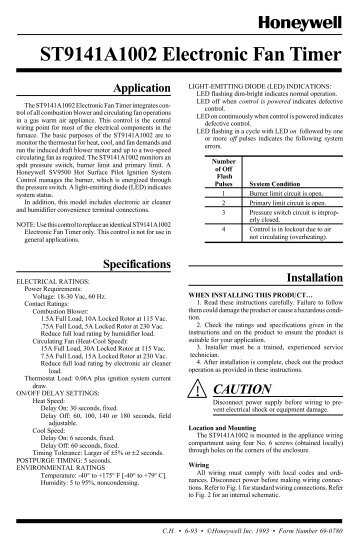 Tech Sheet for Honeywell ST9141A-1002 Electronic Fan Timer