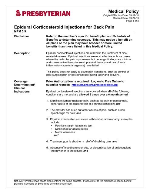 Epidural Corticosteroid Injection for Back Pain - Presbyterian ...