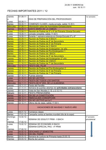 FECHAS IMPORTANTES 2011 / 12 - Colegio Suizo