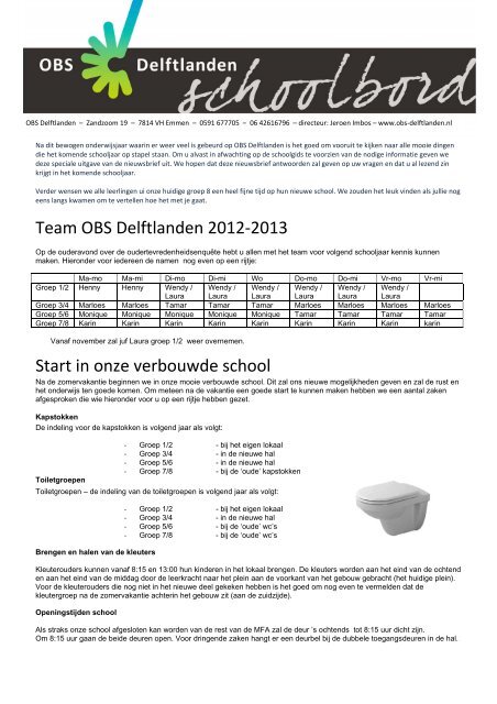 Team OBS Delftlanden 2012-2013 Start in onze verbouwde school