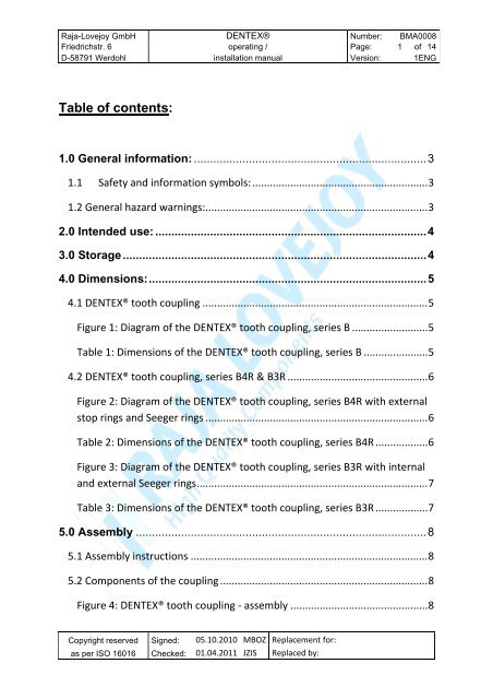 DENTEXÂ® Operating / Installation manual BMA0008 - RAJA-Lovejoy