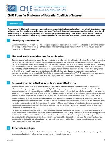 ICMJE Form for Disclosure of Potential Conflicts of Interest