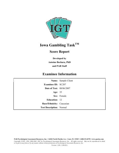 Iowa gambling task scoring rules Iowa gambling task scoring rules