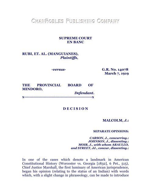 Rubi vs. Provincial Board, 39 Phil. 660 [1919] - Chan Robles and 
