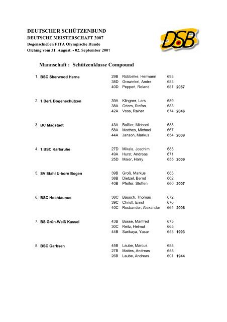 Deutsche Meisterschaft 2007 - Bogen Olympische ... - RSG Düren eV