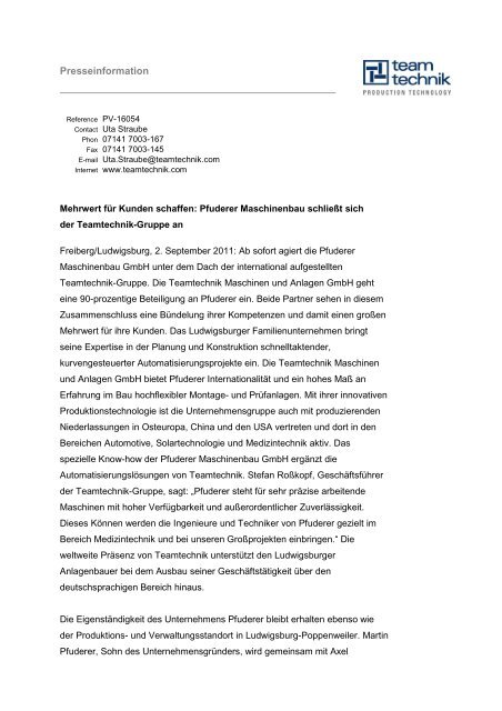 Pressemitteilung als PDF - PFUDERER Maschinenbau GmbH