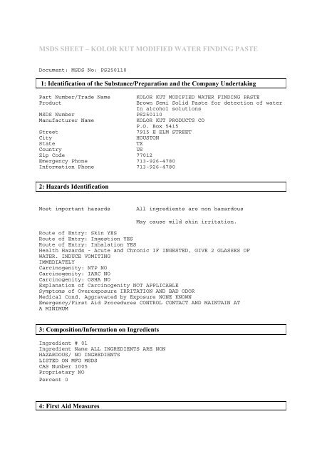 msds sheet Ã¢Â€Â“ kolor kut modified water finding paste - Hytek