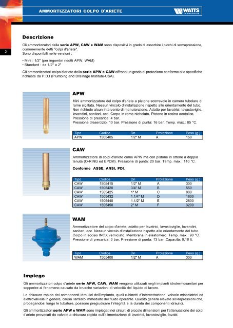 Ammortizzatori colpo d'ariete Serie APW, CAW ... - WATTS industries