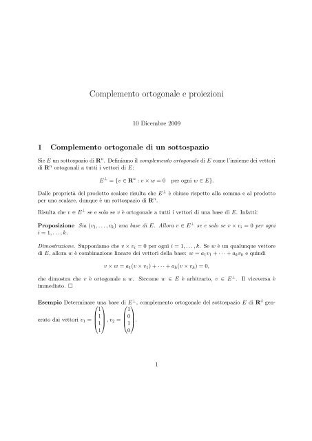 Complemento ortogonale e proiezioni - Sezione di Matematica