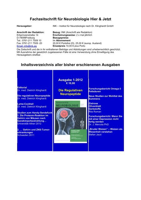 Fachzeitschrift für Neurobiologie Hier & Jetzt Inhaltsverzeichnis aller ...