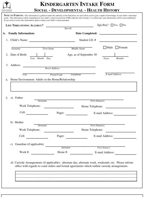 Kindergarten Intake Form