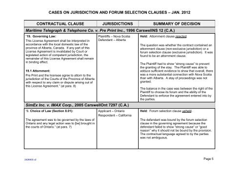 Cases on Jurisdiction and Forum Selection Clauses - Stewart McKelvey