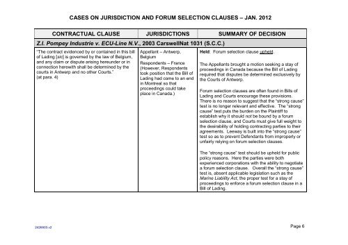 Cases on Jurisdiction and Forum Selection Clauses - Stewart McKelvey