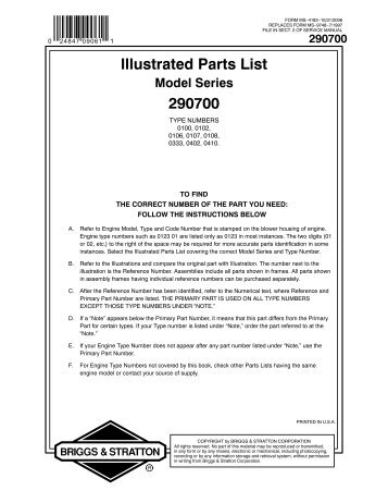 Illustrated Parts List 290700 - Briggs & Stratton