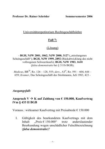 Anspruch V > K auf Zahlung von € 150.000, K - Prof. Dr. Rainer ...