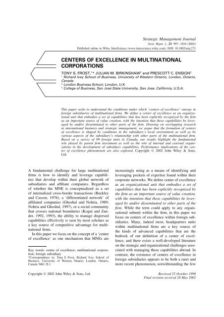 CENTERS OF EXCELLENCE IN MULTINATIONAL CORPORATIONS