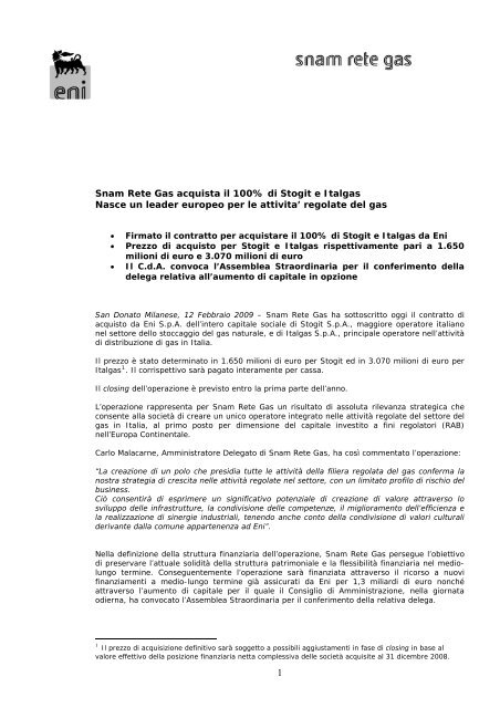 Snam Rete Gas acquista il 100% di Stogit e Italgas Nasce un leader ...