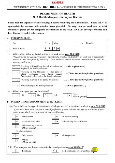 Sample of questionnaire completed by Dentists - Department of Health