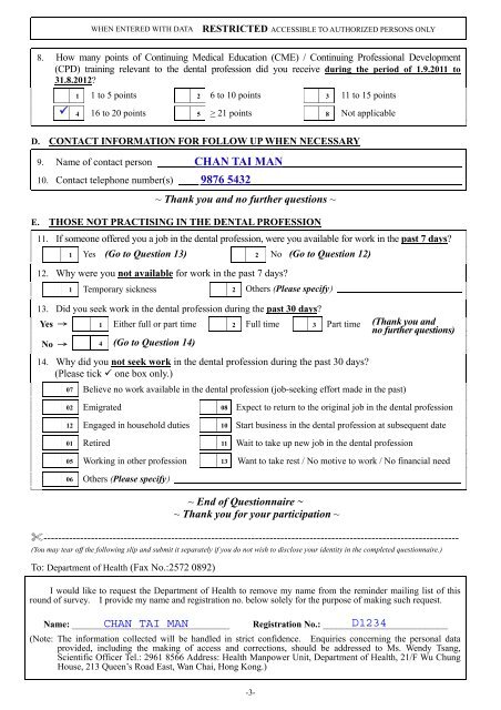 Sample of questionnaire completed by Dentists - Department of Health