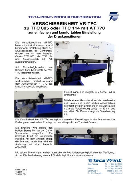 Produktinformation Verschiebeeinheit VR-TFC - Teca-Print AG