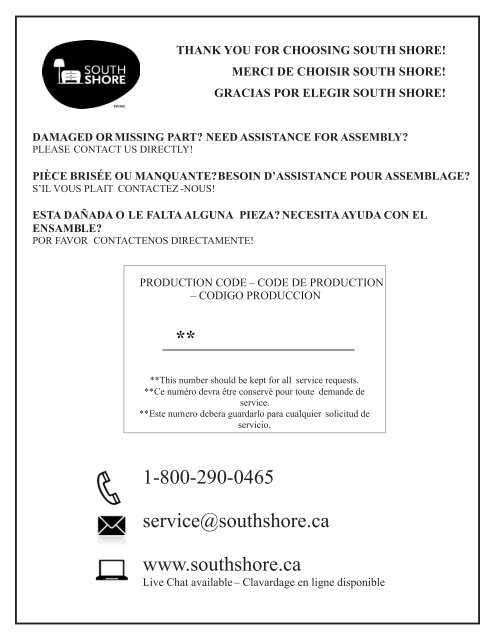 1-800-290-0465 service@southshore.ca www ... - Home Depot