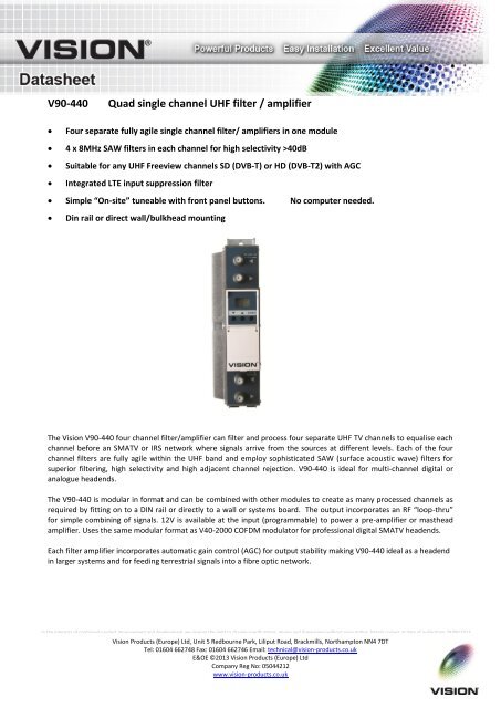 V90-440 Quad single channel UHF filter / amplifier - Vision Products