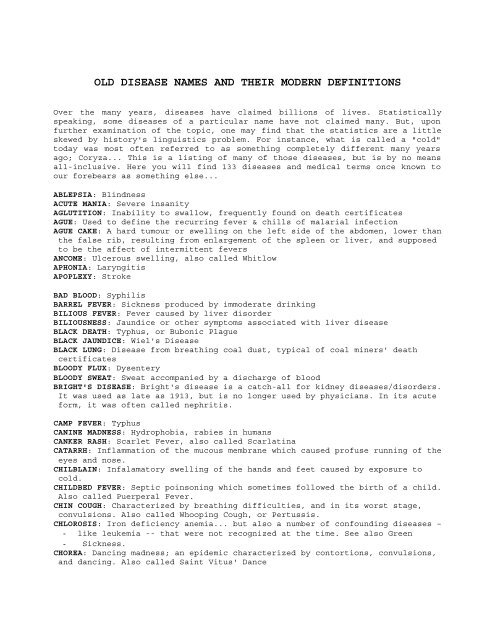 Old Disease Names and their Modern Definitions Old Disease Names and their Modern Definitions