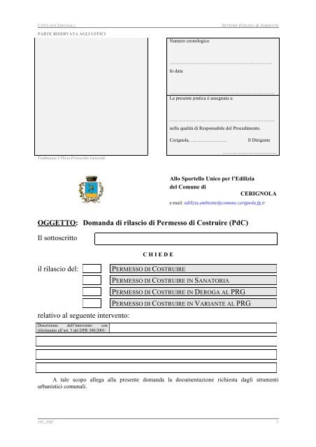 OGGETTO: Domanda di rilascio di Permesso di ... - CittÃ  di Cerignola