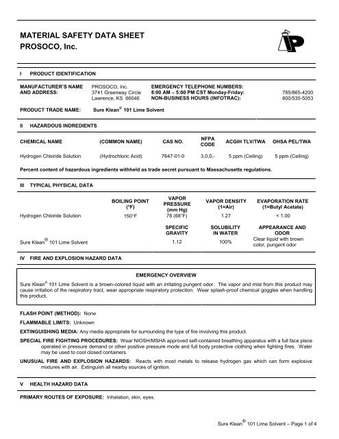 SK 101 Lime Solvent MSDS - PROSOCO, Inc.