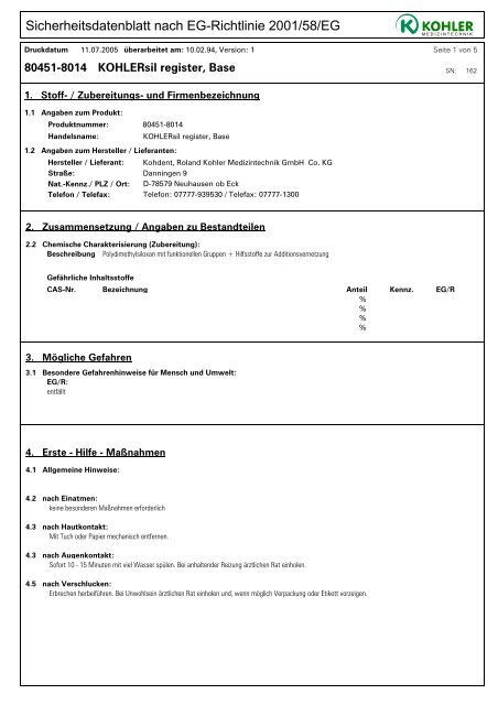 Sicherheitsdatenblatt Kohlersil Register Base - Kohler Medizintechnik