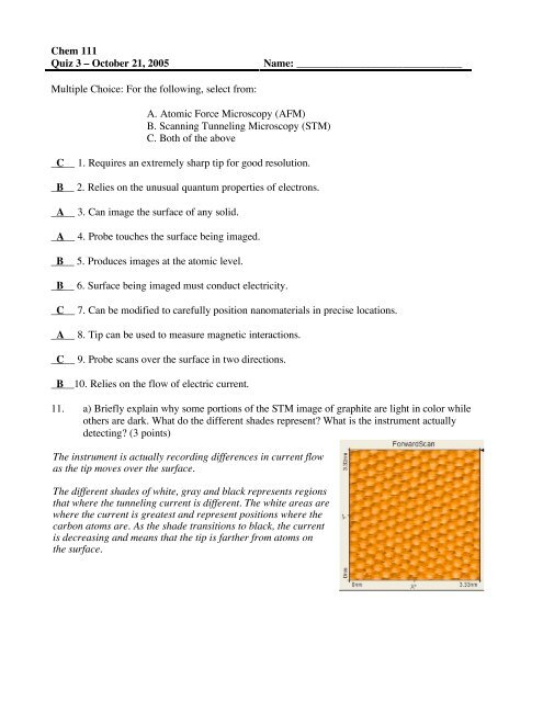 Chem 111 Quiz 3 – October 21, 2005 Name: Multiple Choice: For ...