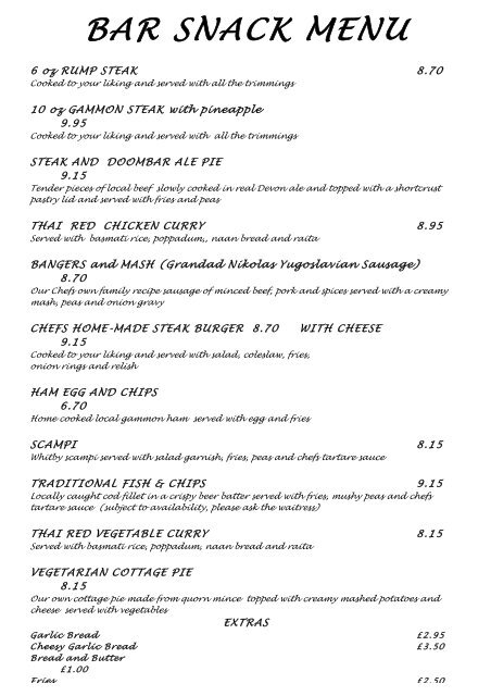 Sample Bar Menu