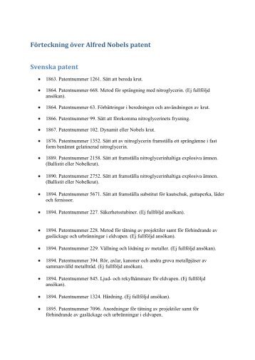 FÃ¶rteckning Ã¶ver Alfred Nobels patent Svenska ... - Tekniska museet