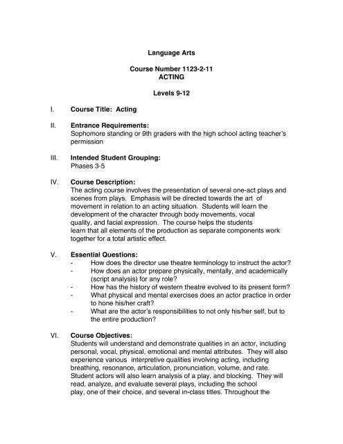 Language Arts Course Number 1123-2-11 ACTING Levels 9-12 I ...