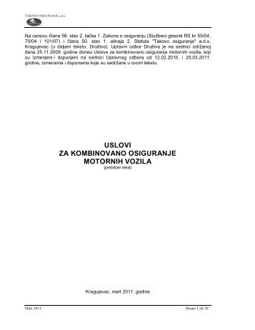 uslovi za kombinovano osiguranje motornih vozila - Takovo osiguranje