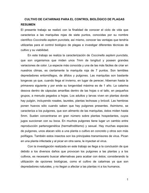 Cultivo de catarinas para el control biológico de plagas