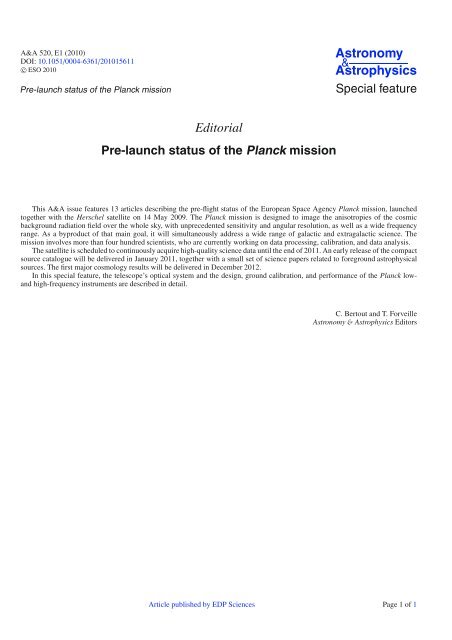 Planck Pre Launch Status Papers   APC   UniversitÃ© Paris Diderot
