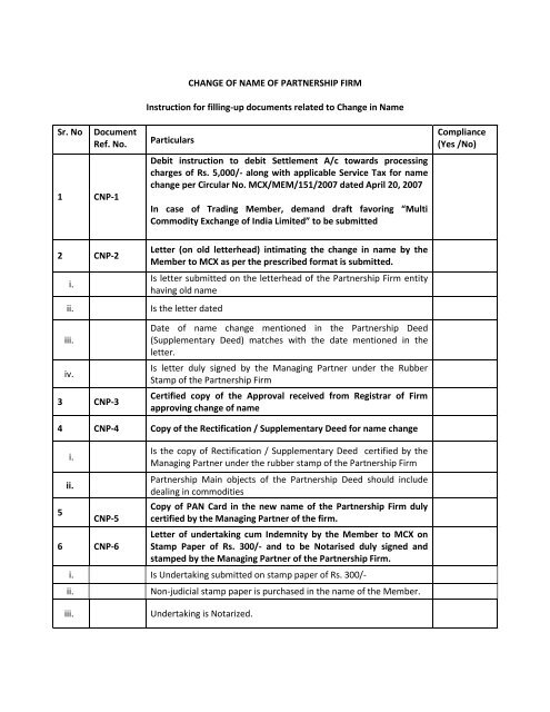 (Draft of letter of intimation of change in constitution/name to ... - MCX