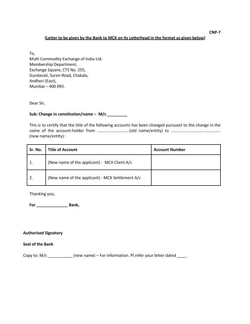 (Draft of letter of intimation of change in constitution/name to ... - MCX